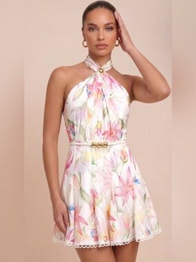 One-Shoulder Floral Halter Midi Dress in Pink and White